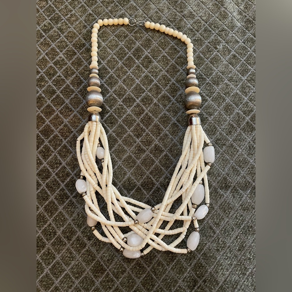Vintage Boho multi strand bone, quartz & metal beaded necklace 26” hand made 70s